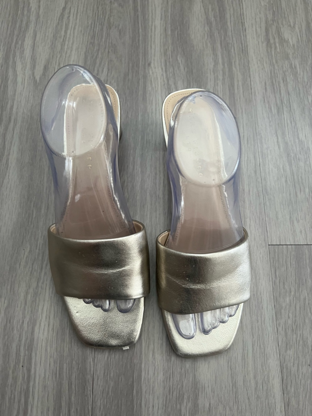 Marc Fisher Metallic Pewter Leather Slide Sandals Block Heel Size 9 Square Toe